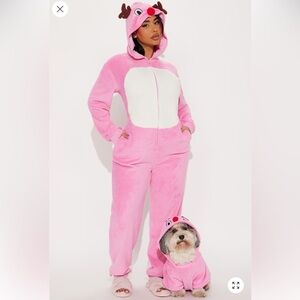 Pink and White Fleece Onesie with Matching Pet Outfit